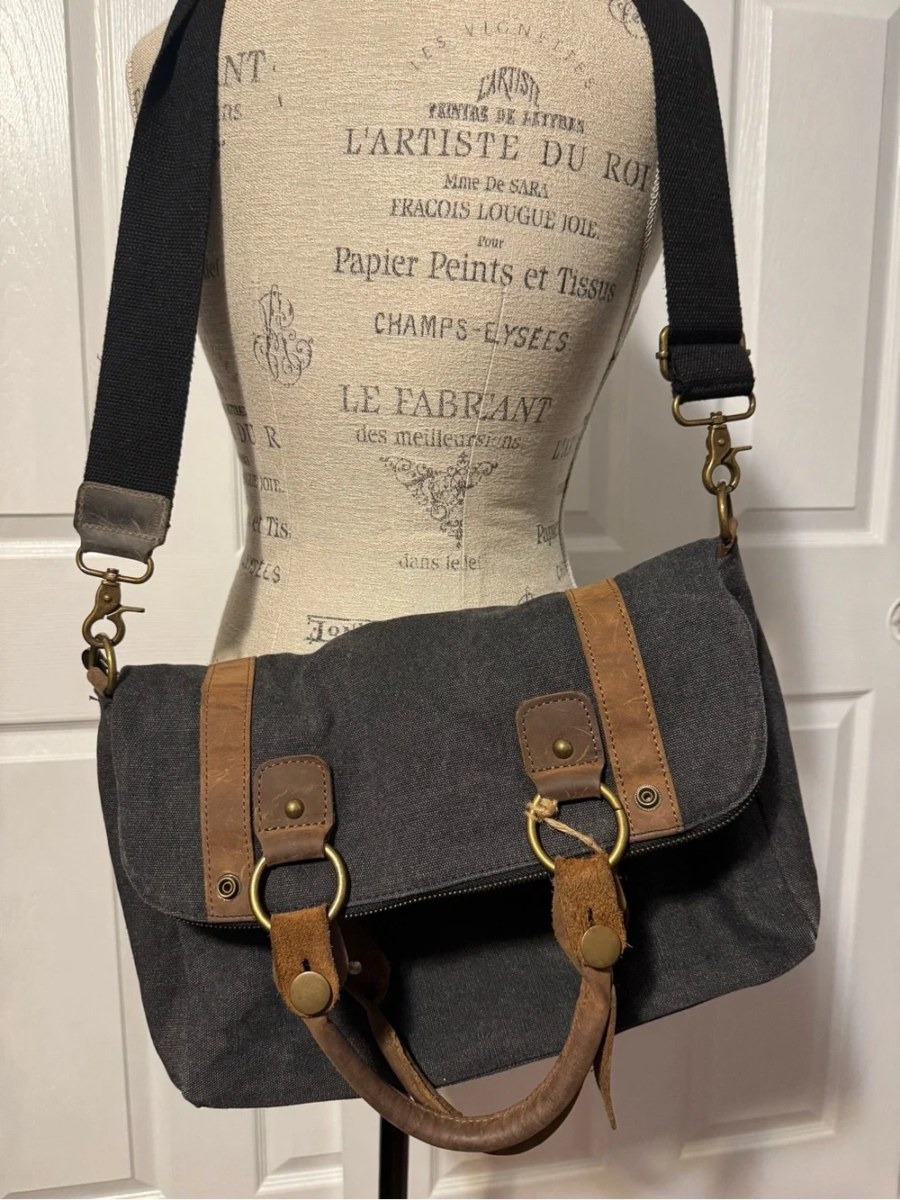 Canvas 3 in 1 Messenger Bag with Leather Trim - Navy Gray Heather Unisex